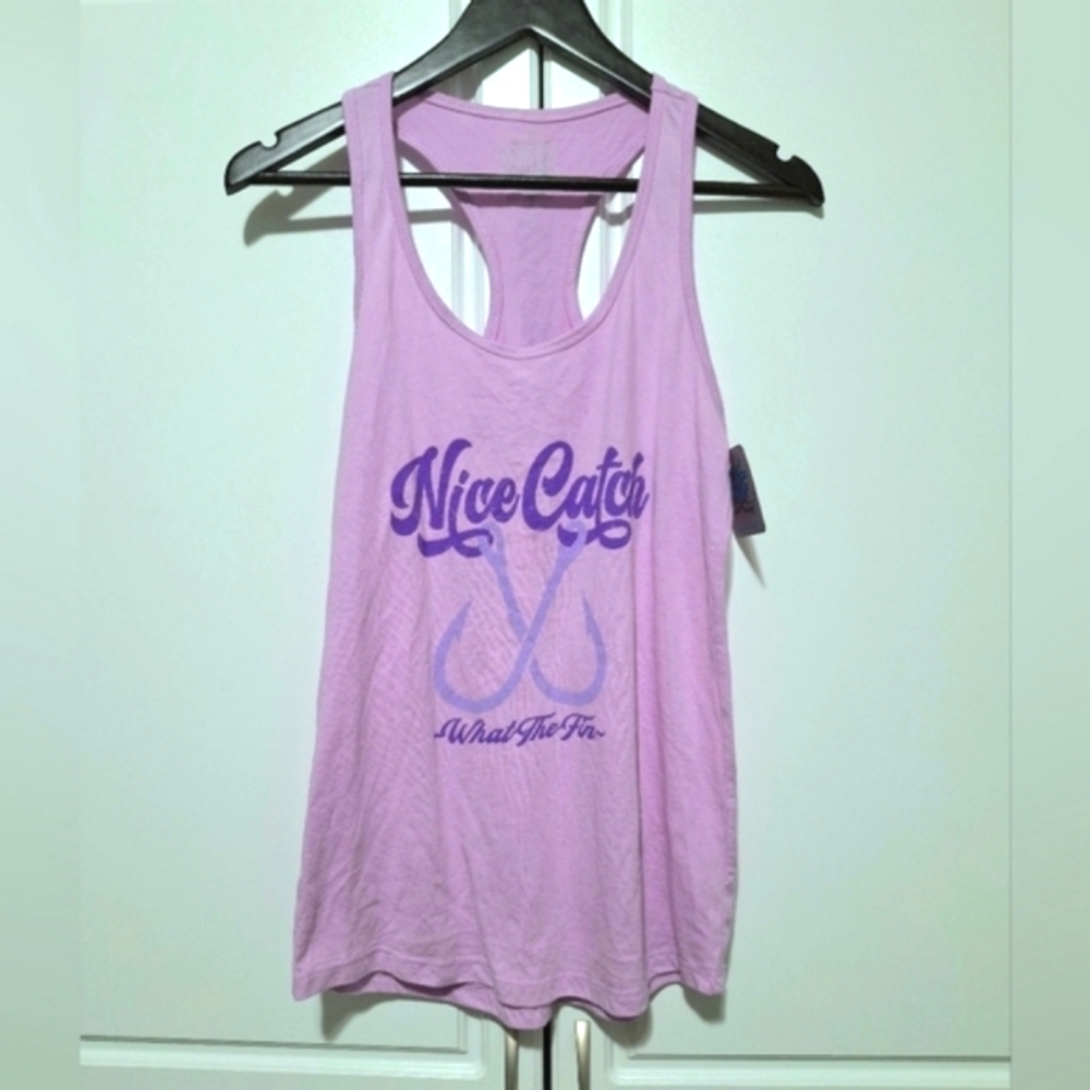 WTF Graphic "What The Fin Nice Catch" Womens Pink Lightweight Racerback Tank Top